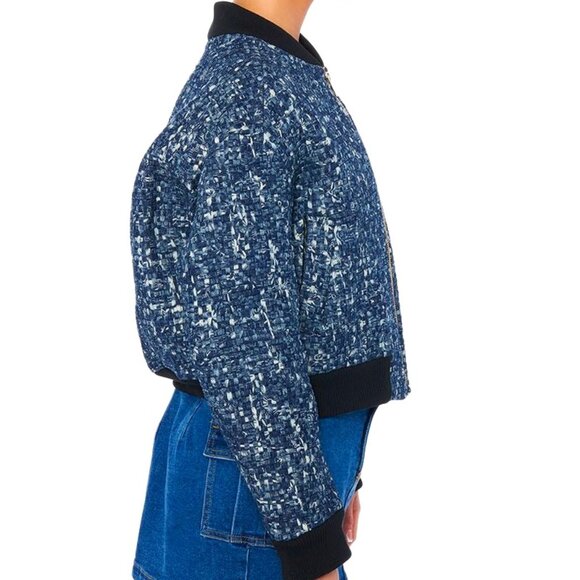 Callie Lives Miz Micro Denim Blue Pixel Weave Akira Bomber Jacket Coat SMALL - Picture 4 of 7
